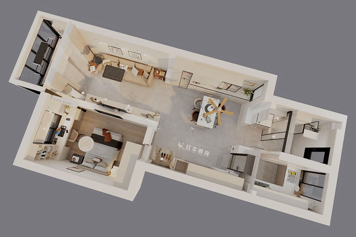 魏明花｜卫桥新村17-502-70㎡-现代简约风格｜1室2厅1卫｜二手房装修｜定制家｜全包9万｜00_04鸟瞰图